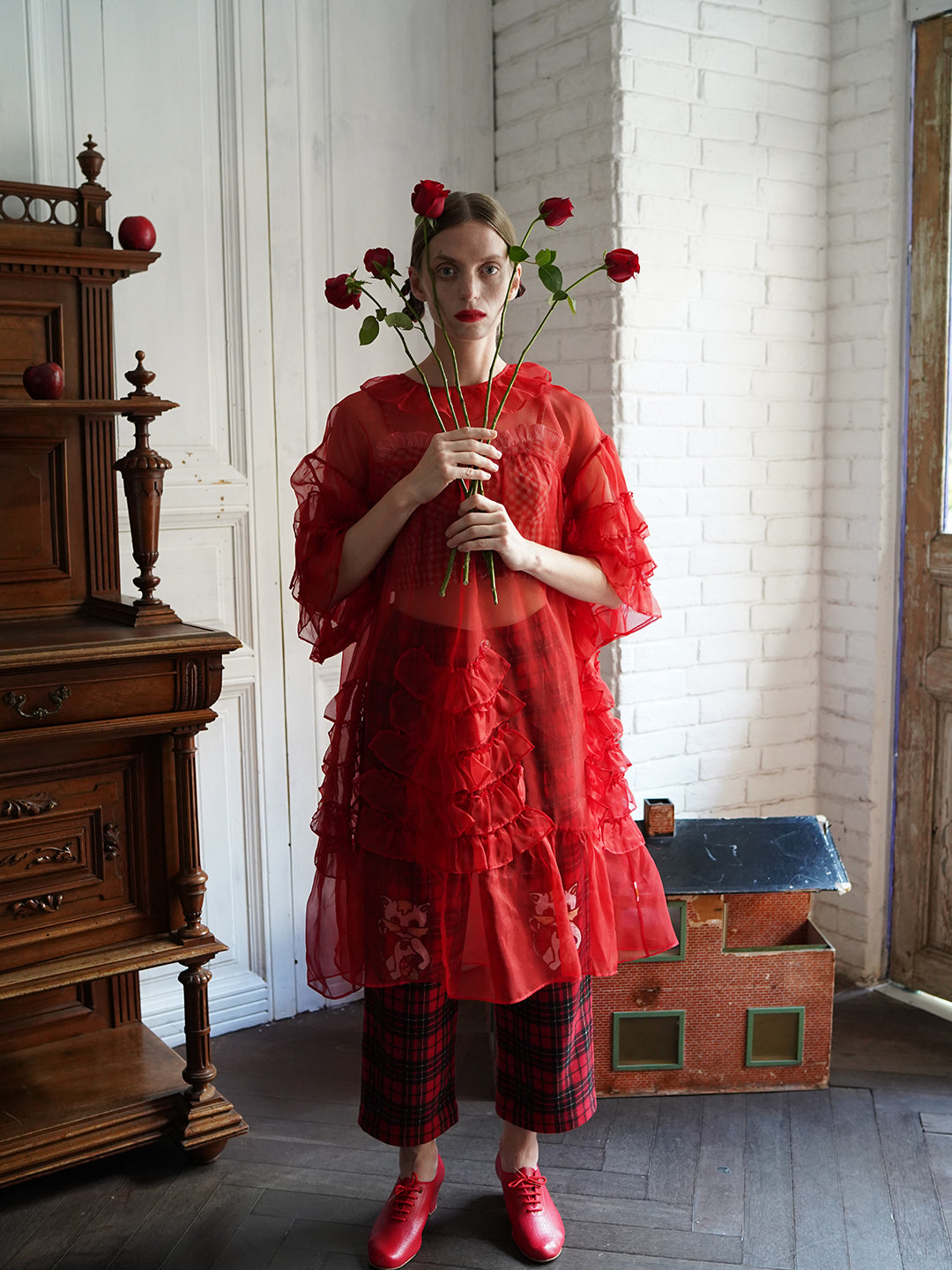 Unlogical Poem Vintage Style Ruffle Red Silk Dress Smock