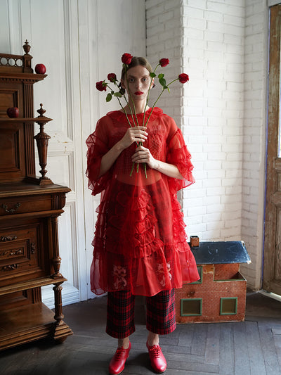 Unlogical Poem Vintage Style Ruffle Red Silk Dress Smock