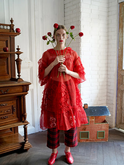 Unlogical Poem Vintage Style Ruffle Red Silk Dress Smock