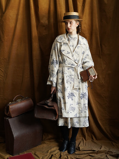 Unlogical Poem Blue Illustration Embroidery Ramie Trench coat