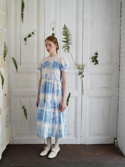 Unlogical Poem Victorian Style Blue Print White Collar Dress