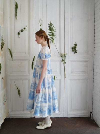 Unlogical Poem Victorian Style Blue Print White Collar Dress