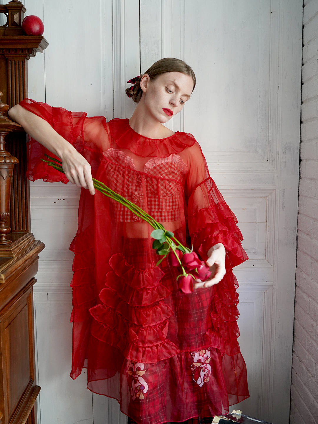 Unlogical Poem Vintage Style Ruffle Red Silk Dress Smock