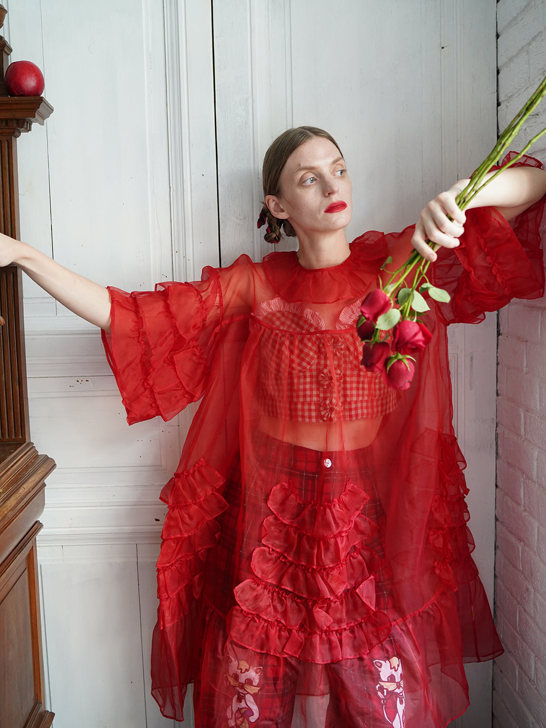 Unlogical Poem Vintage Style Ruffle Red Silk Dress Smock