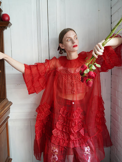 Unlogical Poem Vintage Style Ruffle Red Silk Dress Smock