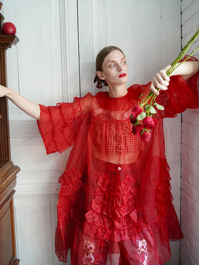 Unlogical Poem Vintage Style Ruffle Red Silk Dress Smock