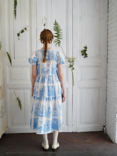 Unlogical Poem Victorian Style Blue Print White Collar Dress