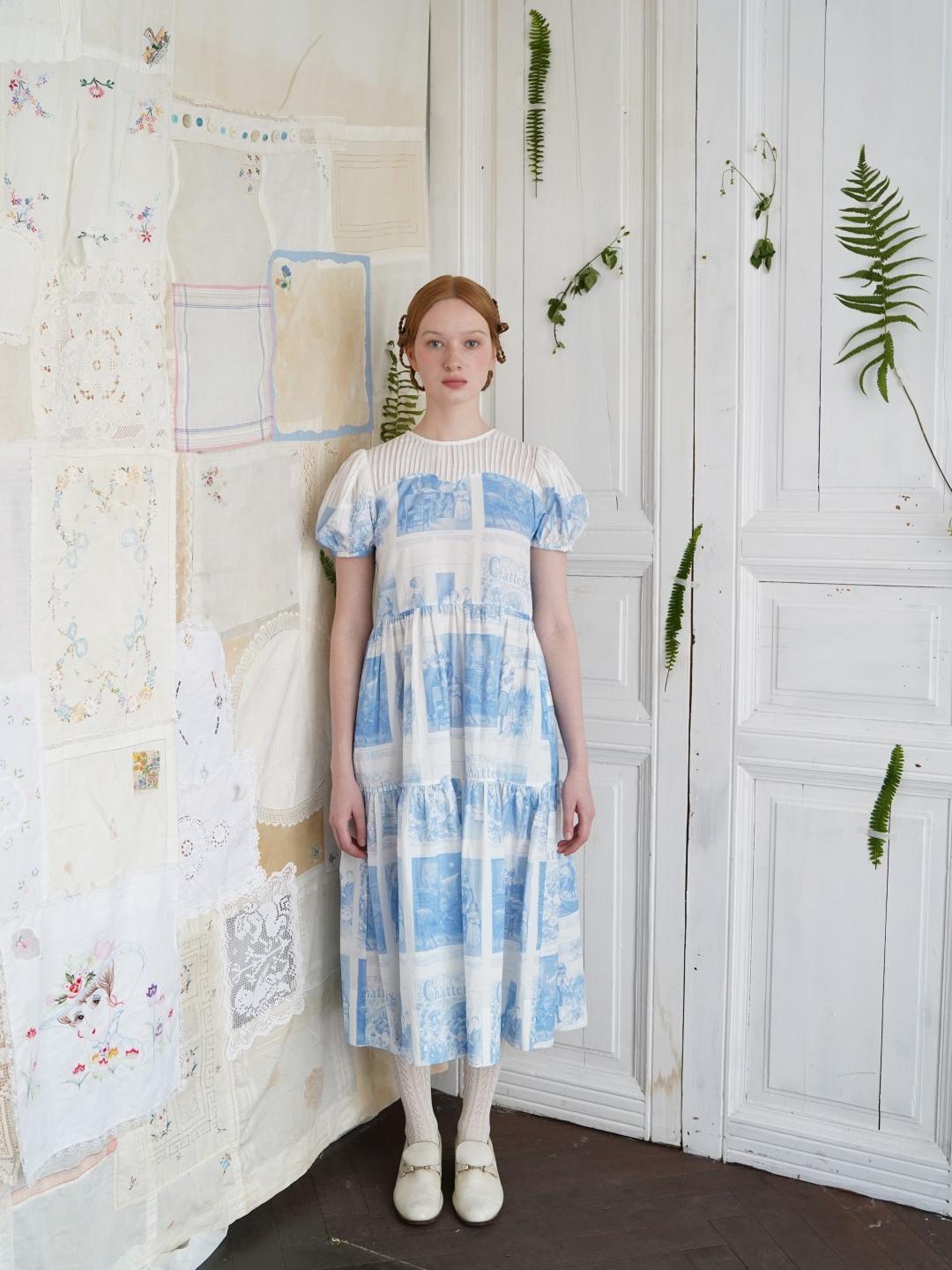Unlogical Poem Victorian Style Blue Print White Collar Dress