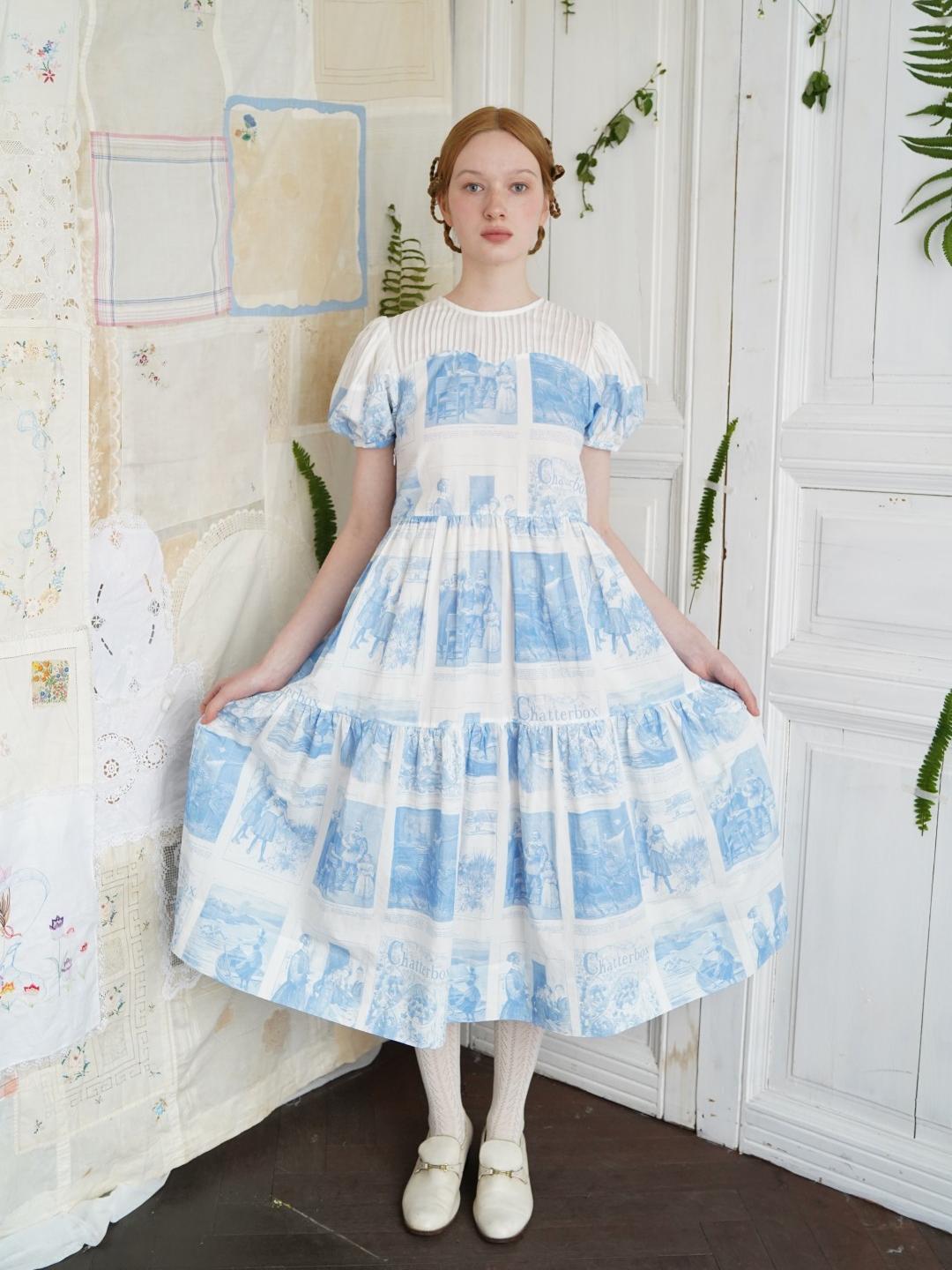 Unlogical Poem Victorian Style Blue Print White Collar Dress