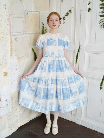 Unlogical Poem Victorian Style Blue Print White Collar Dress