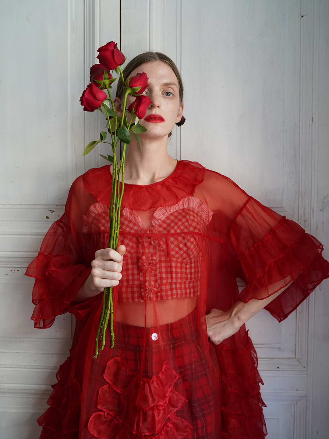 Unlogical Poem Vintage Style Ruffle Red Silk Dress Smock