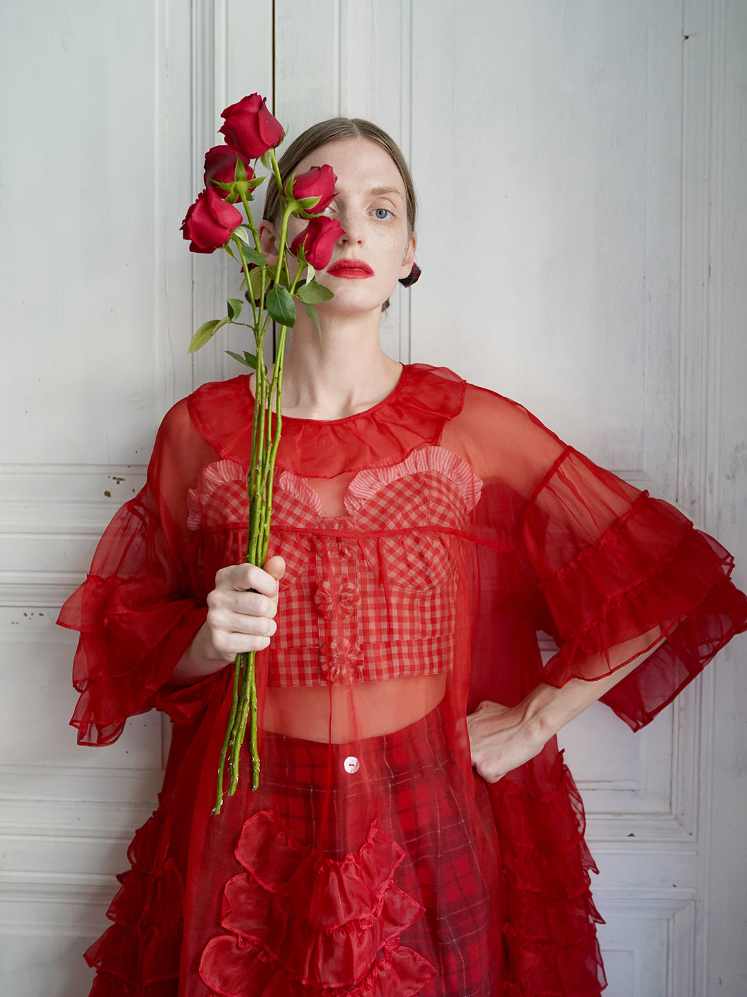 Unlogical Poem Vintage Style Ruffle Red Silk Dress Smock