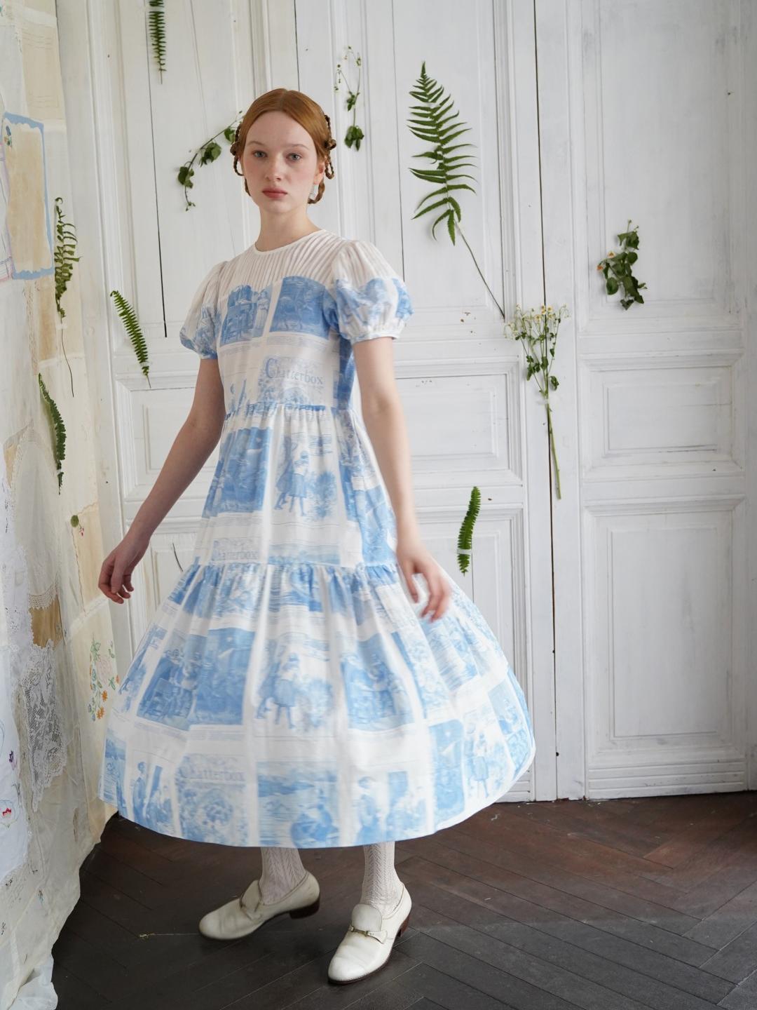 Unlogical Poem Victorian Style Blue Print White Collar Dress