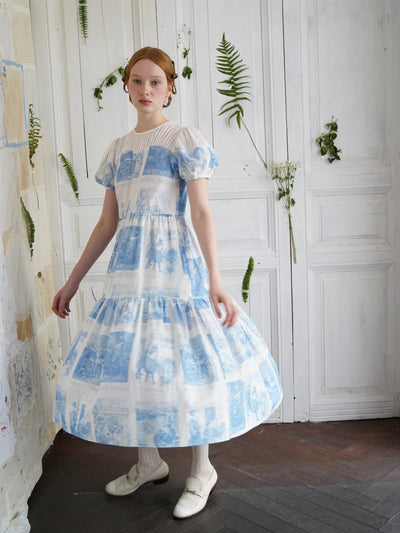 Unlogical Poem Victorian Style Blue Print White Collar Dress