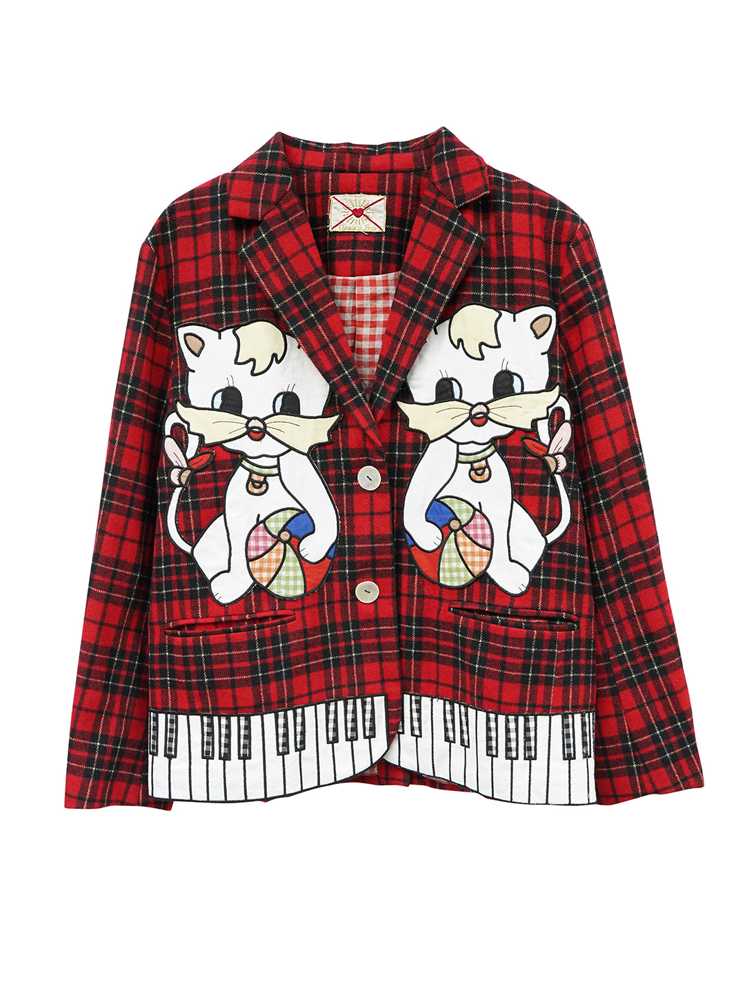 Unlogical Poem Vintage-style Cat Patch Embroidered Red Tartan Woolen Blazer