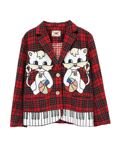 Unlogical Poem Vintage-style Cat Patch Embroidered Red Tartan Woolen Blazer