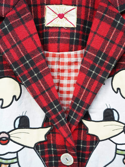 Unlogical Poem Vintage-style Cat Patch Embroidered Red Tartan Woolen Blazer