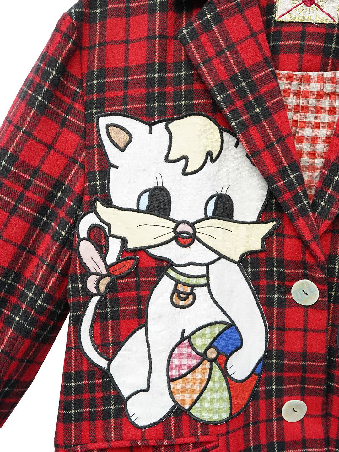 Unlogical Poem Vintage-style Cat Patch Embroidered Red Tartan Woolen Blazer