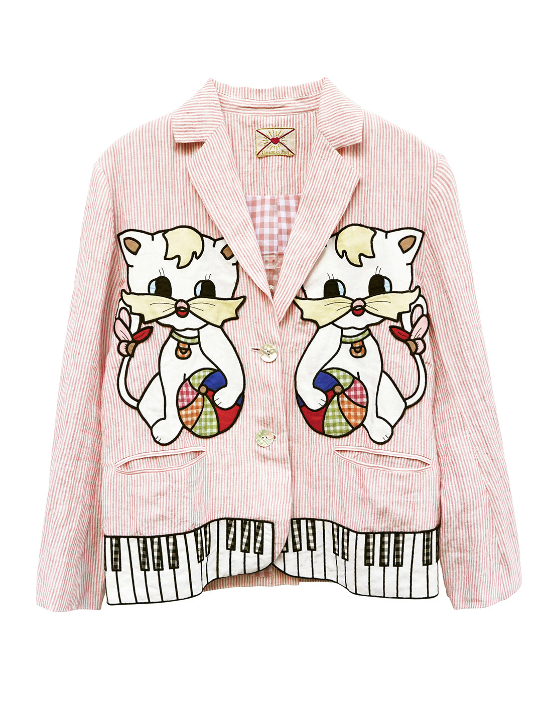 Unlogical Poem Vintage-style Cat Patch Embroidered Pink Striped Linen Blazer