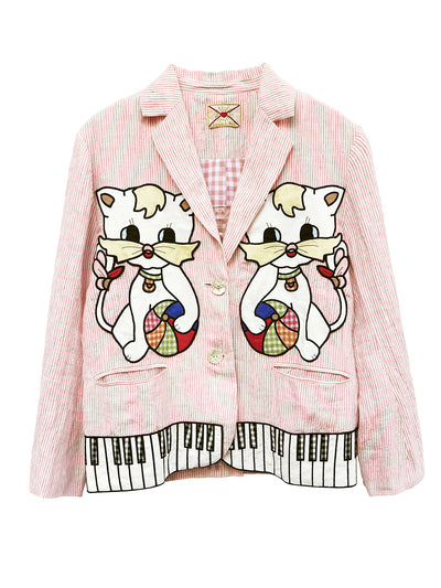 Unlogical Poem Vintage-style Cat Patch Embroidered Pink Striped Linen Blazer