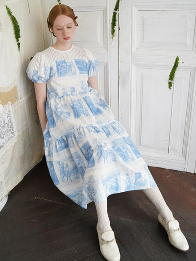 Unlogical Poem Victorian Style Blue Print White Collar Dress