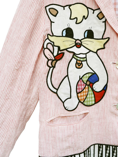 Unlogical Poem Vintage-style Cat Patch Embroidered Pink Striped Linen Blazer