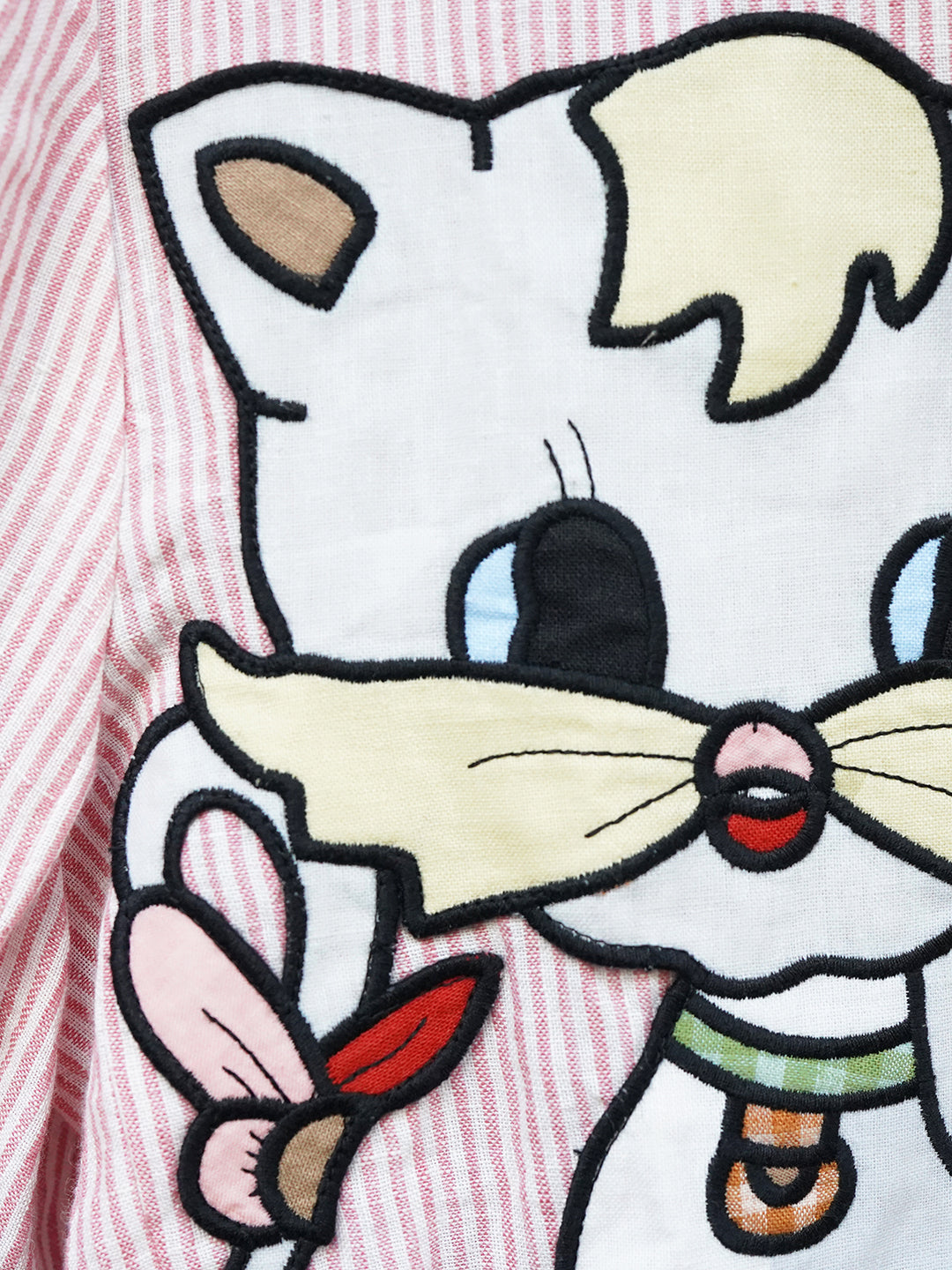 Unlogical Poem Vintage-style Cat Patch Embroidered Pink Striped Linen Blazer