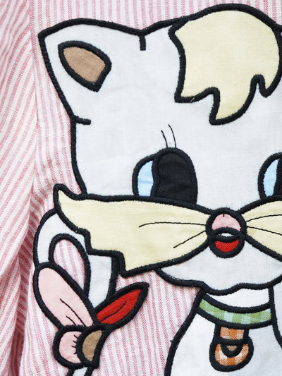 Unlogical Poem Vintage-style Cat Patch Embroidered Pink Striped Linen Blazer