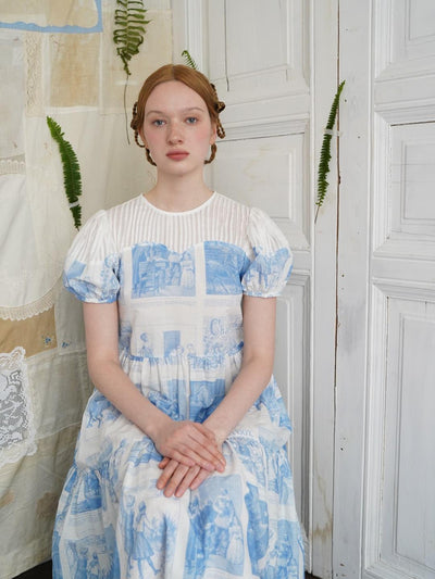 Unlogical Poem Victorian Style Blue Print White Collar Dress