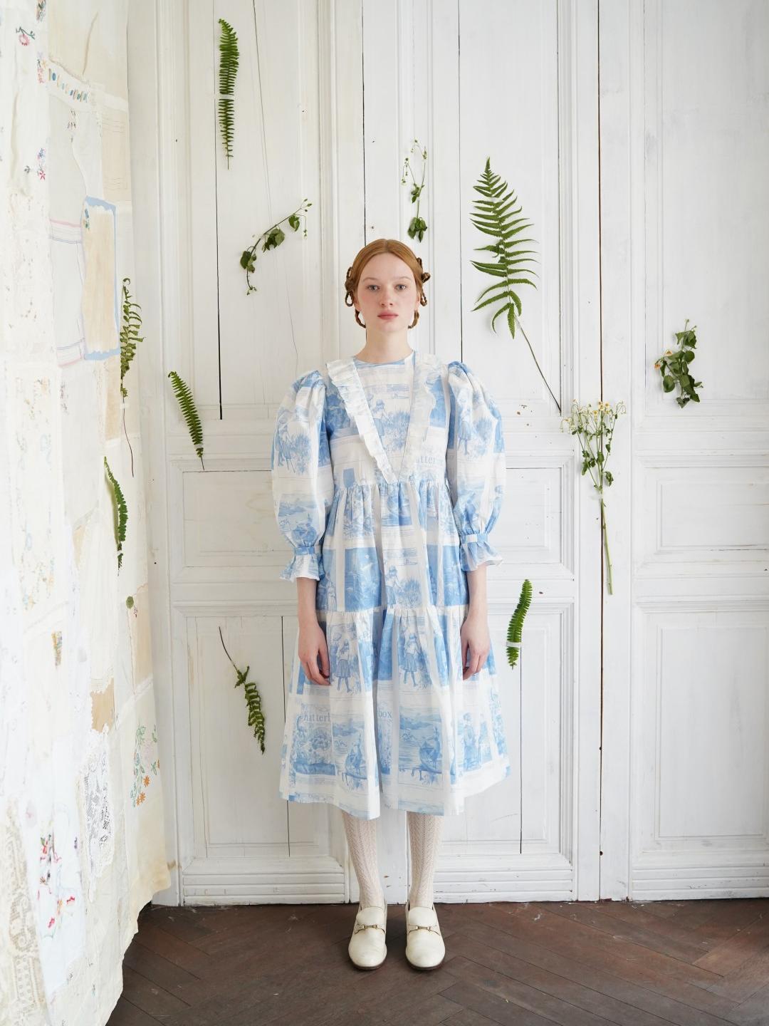 Unlogical Poem Retro Illustrated Print Ruffled Puff Sleeve Dress