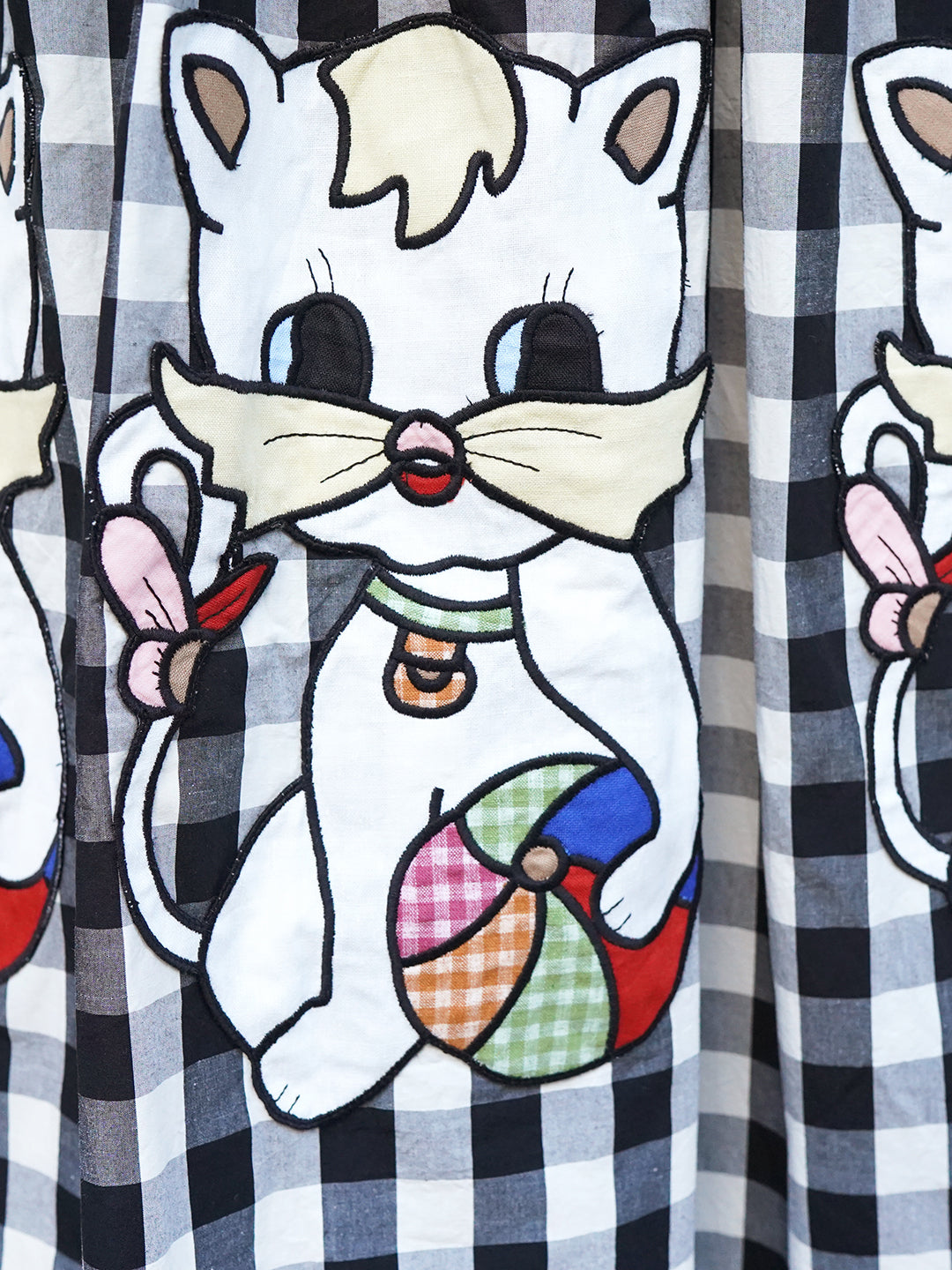 Unlogical Poem Retro-style Cat Embroidered Gingham Gigot Sleeve Flax Dress