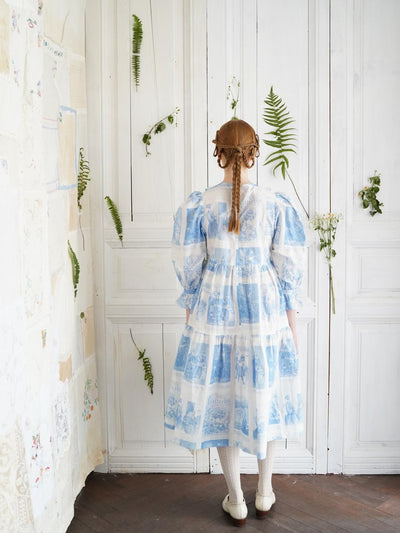 Unlogical Poem Retro Illustrated Print Ruffled Puff Sleeve Dress