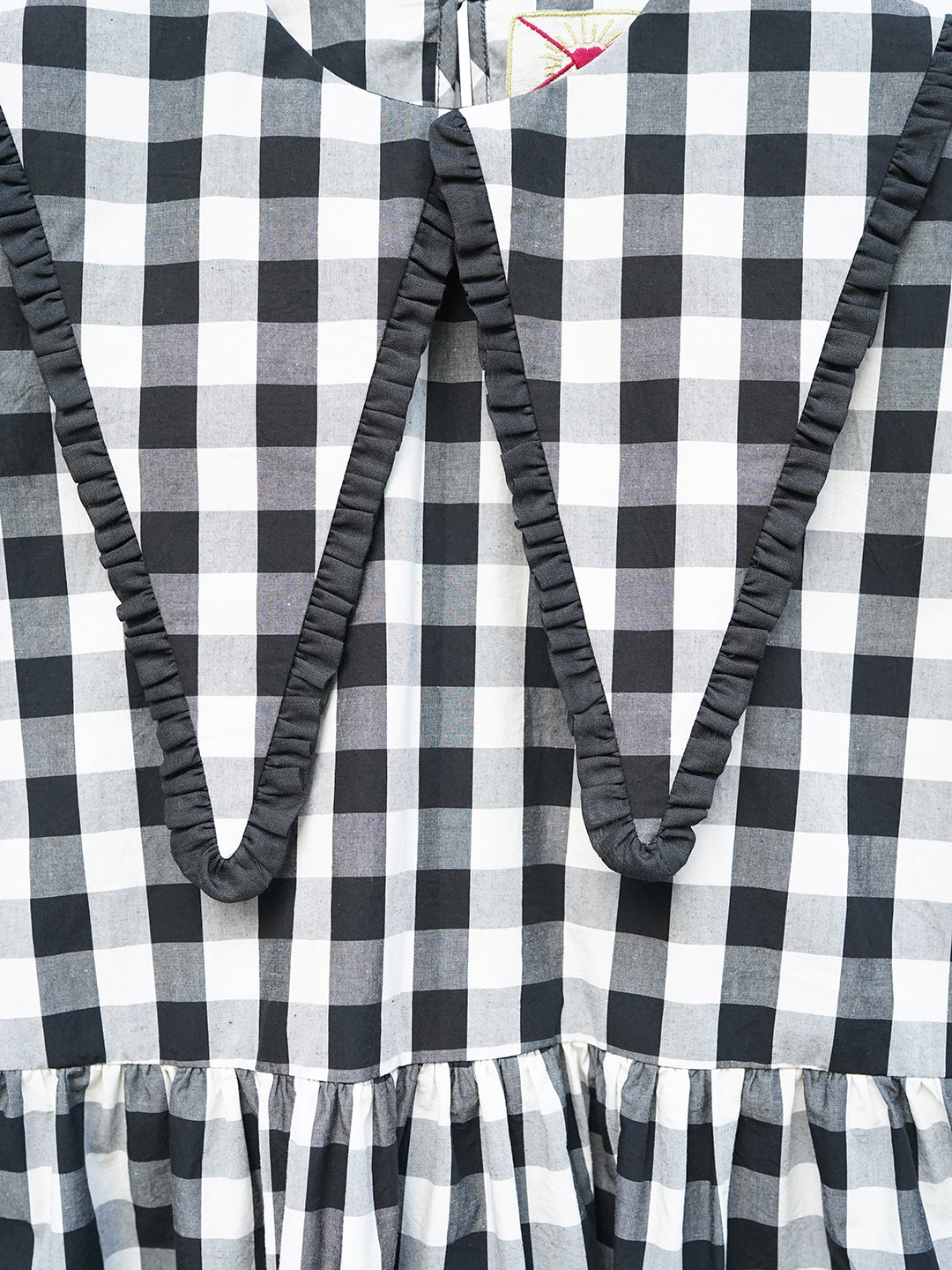 Unlogical Poem Retro-style Cat Embroidered Gingham Gigot Sleeve Flax Dress