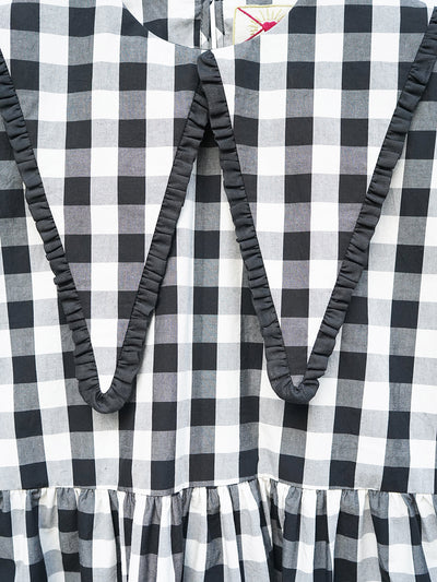 Unlogical Poem Retro-style Cat Embroidered Gingham Gigot Sleeve Flax Dress