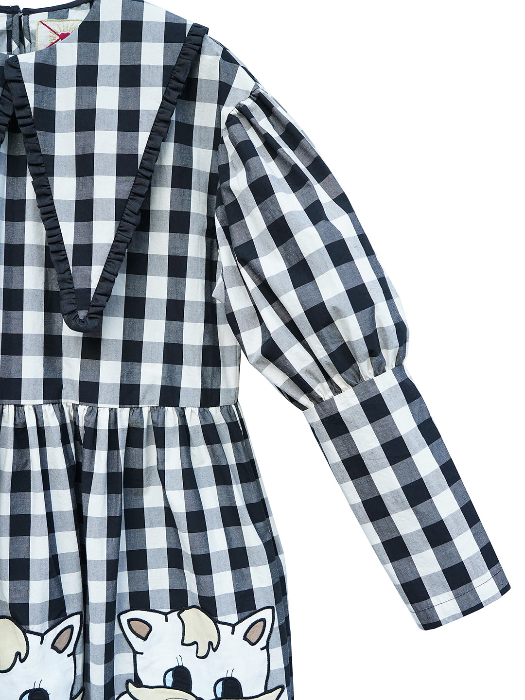 Unlogical Poem Retro-style Cat Embroidered Gingham Gigot Sleeve Flax Dress