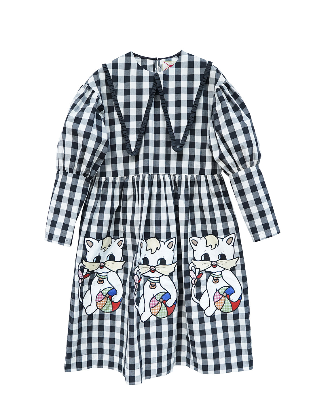 Unlogical Poem Retro-style Cat Embroidered Gingham Gigot Sleeve Flax Dress