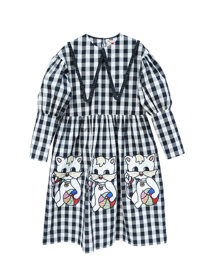 Unlogical Poem Retro-style Cat Embroidered Gingham Gigot Sleeve Flax Dress
