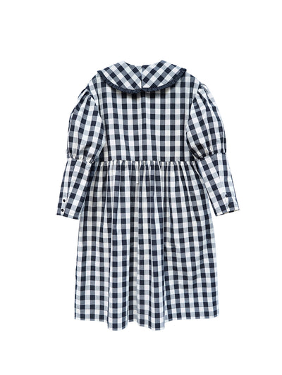 Unlogical Poem Retro-style Cat Embroidered Gingham Gigot Sleeve Flax Dress