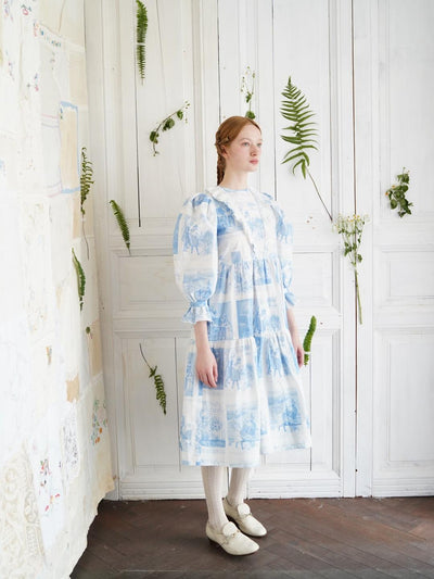 Unlogical Poem Retro Illustrated Print Ruffled Puff Sleeve Dress