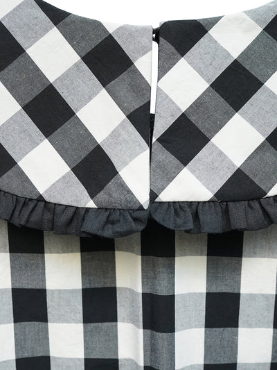 Unlogical Poem Retro-style Cat Embroidered Gingham Gigot Sleeve Flax Dress