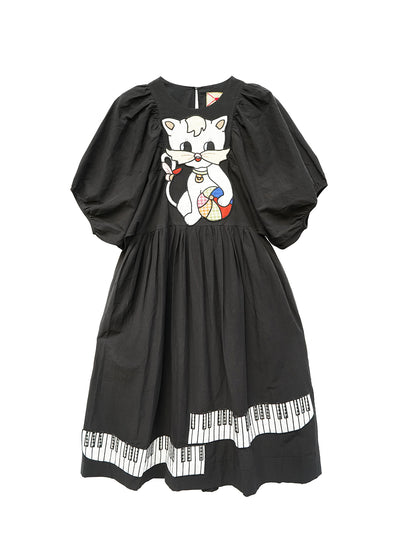 Unlogical Poem Cat and Piano Embroidered Black Hemp Dress
