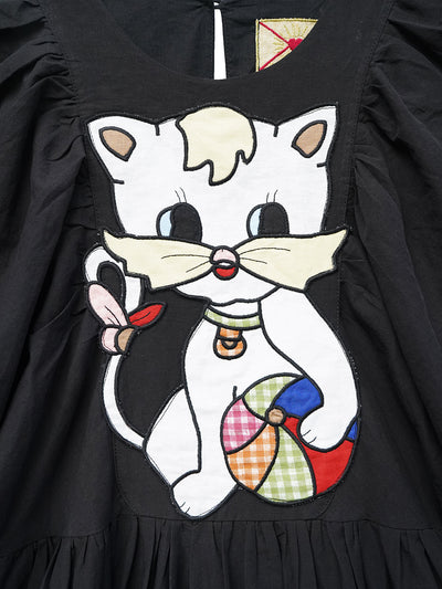 Unlogical Poem Cat and Piano Embroidered Black Hemp Dress