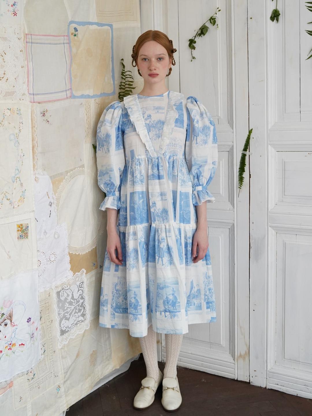 Unlogical Poem Retro Illustrated Print Ruffled Puff Sleeve Dress