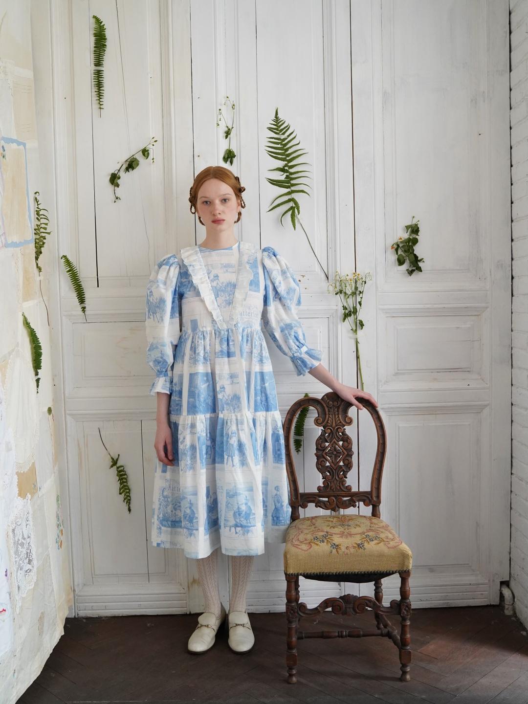 Unlogical Poem Retro Illustrated Print Ruffled Puff Sleeve Dress