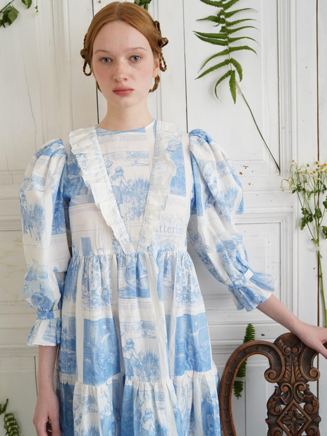 Unlogical Poem Retro Illustrated Print Ruffled Puff Sleeve Dress