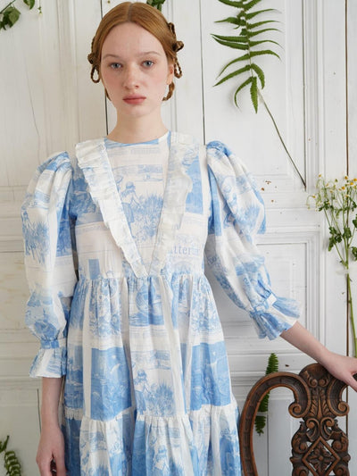 Unlogical Poem Retro Illustrated Print Ruffled Puff Sleeve Dress