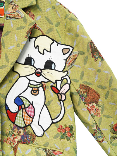 Unlogical Poem Cat Embroidered Illustration Printed Yarn-dyed Blazer