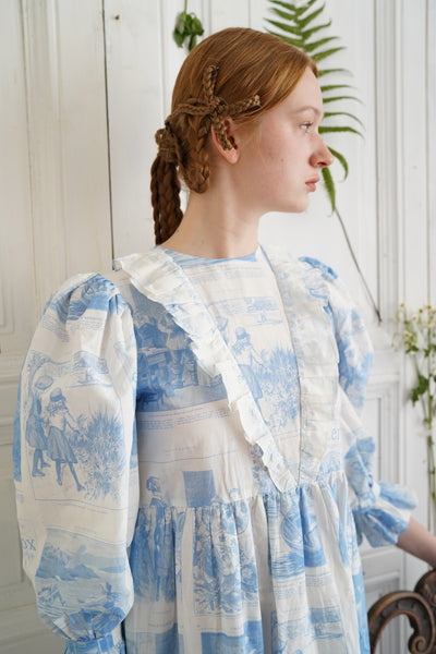 Unlogical Poem Retro Illustrated Print Ruffled Puff Sleeve Dress