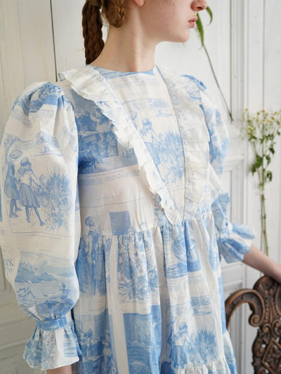 Unlogical Poem Retro Illustrated Print Ruffled Puff Sleeve Dress