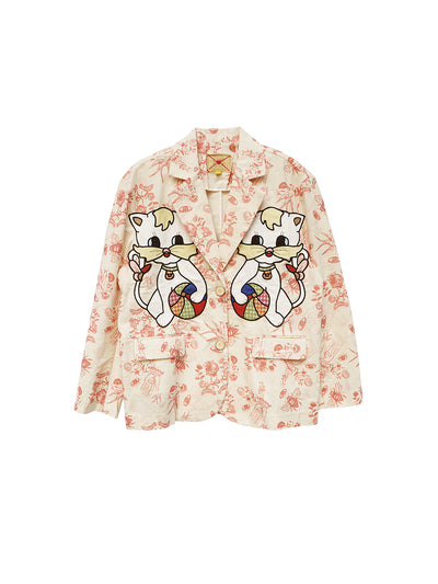 Unlogical Poem Cat Embroidered Illustration Printed Cotton Blazer